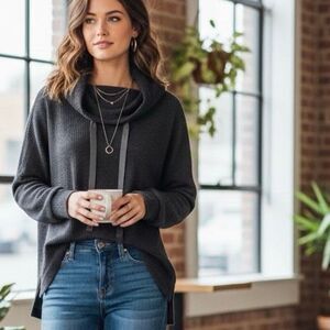 Halara Black Waffle Knit Hoodie Pullover Drawstring Long Sleeve Size L